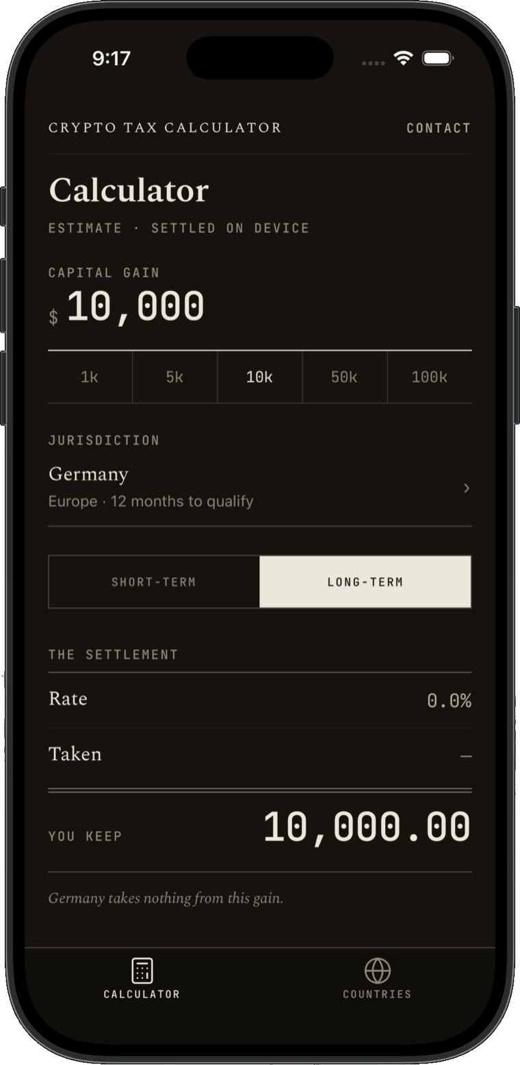 The app's calculator screen: a $10,000 gain entered, Germany selected, long-term chosen, and the settlement shown beneath.