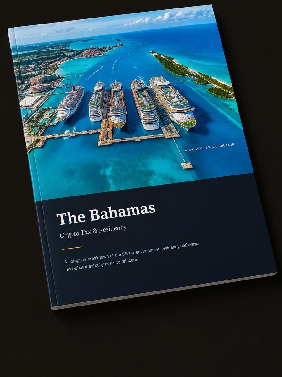 The printed guide, cover up: an aerial photograph of Nassau harbour above the title The Bahamas, Crypto Tax and Residency, on a dark navy panel.